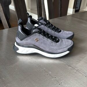 Chanel 23k gray grey suede sneakers trainers flats logo black flats sz 39
